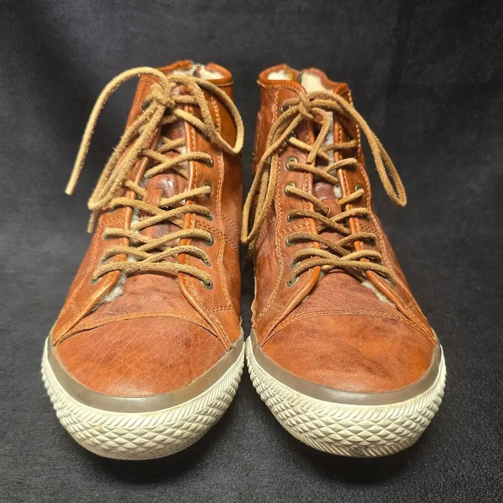 Frye Sheepskin Brown Leather High Top Zip Back Ankle Booties Sneakers Shoes
